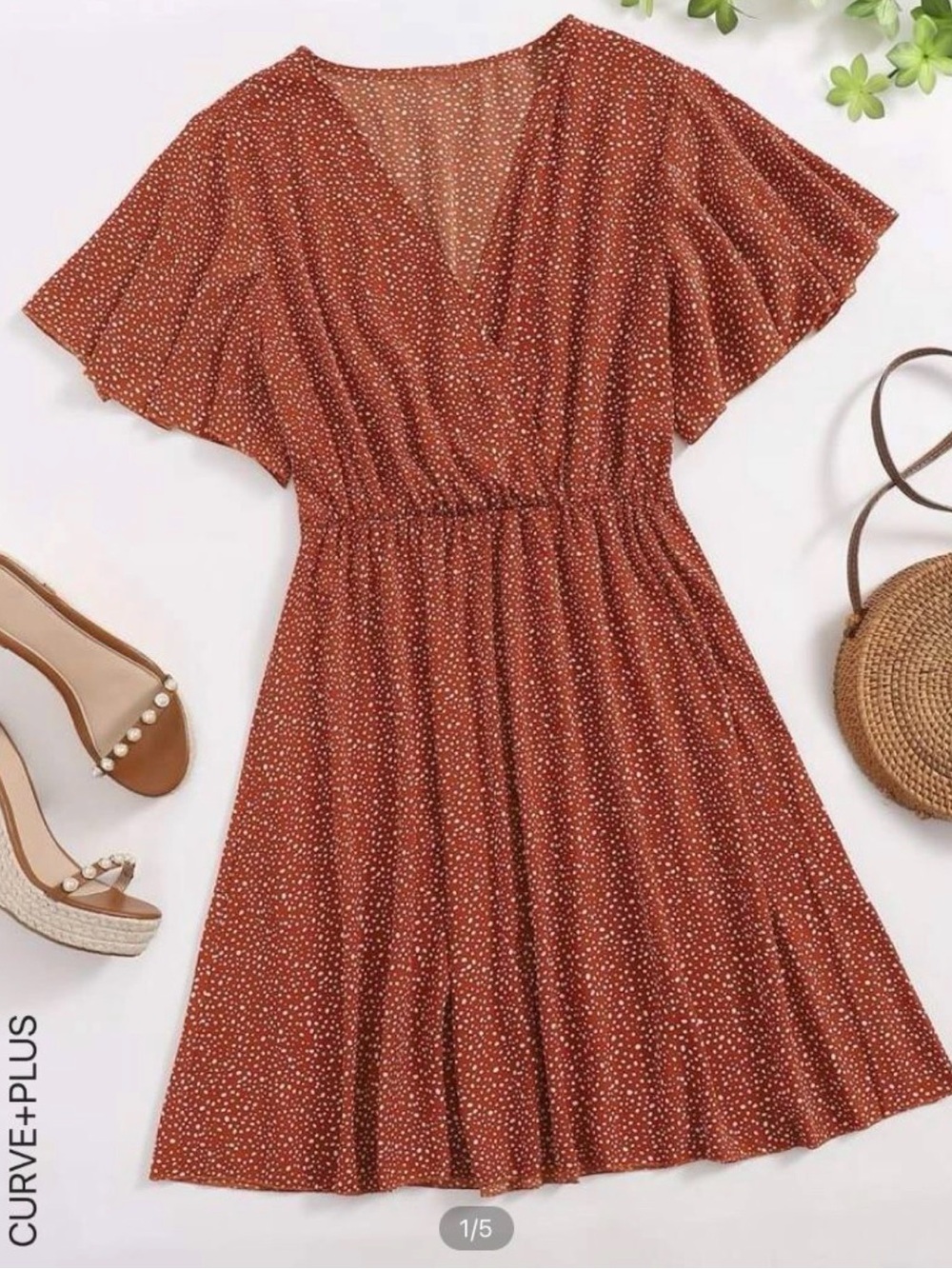 SHEIN Rust Polka Dot V-Neck Mini Dress